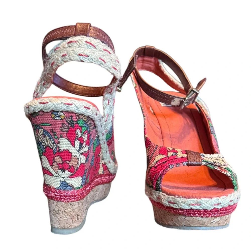 Sakroot wedge shoe floral textile 9.5 open toe ankle strap unique - Picture 2 of 9